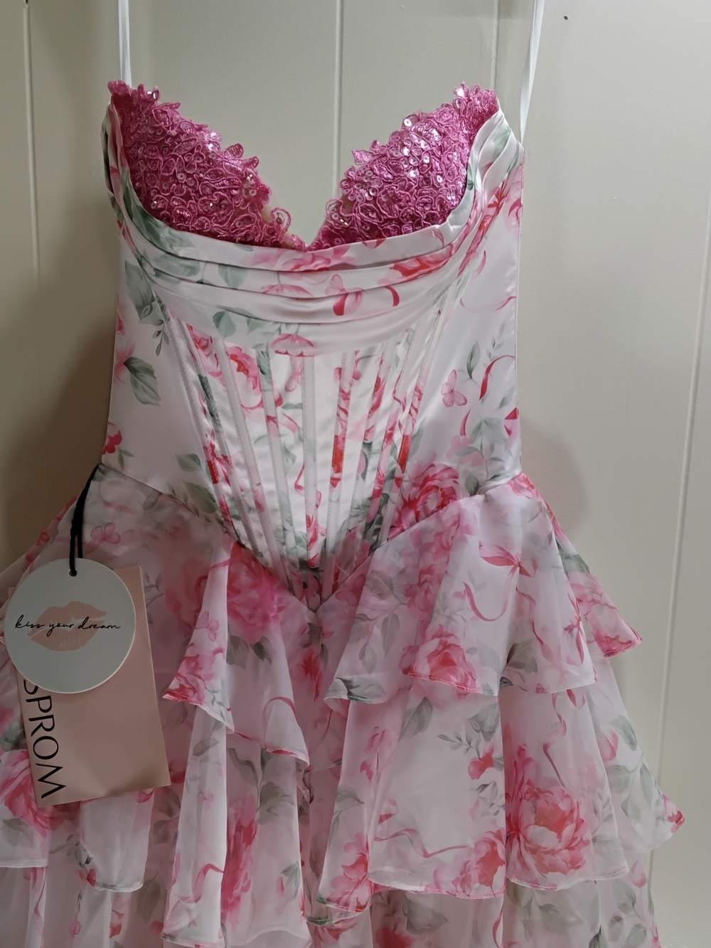 Strapless Pink Floral Tiered Ruffle Gown - Picture 7 of 11